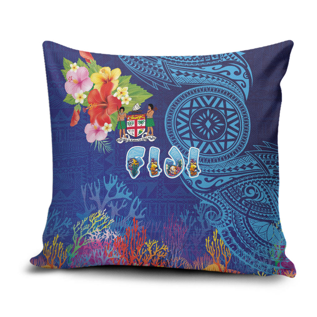 Fiji Day Pillow Cover Coral Reef with Tapa Motifs and Hibiscus Ocean Vibe