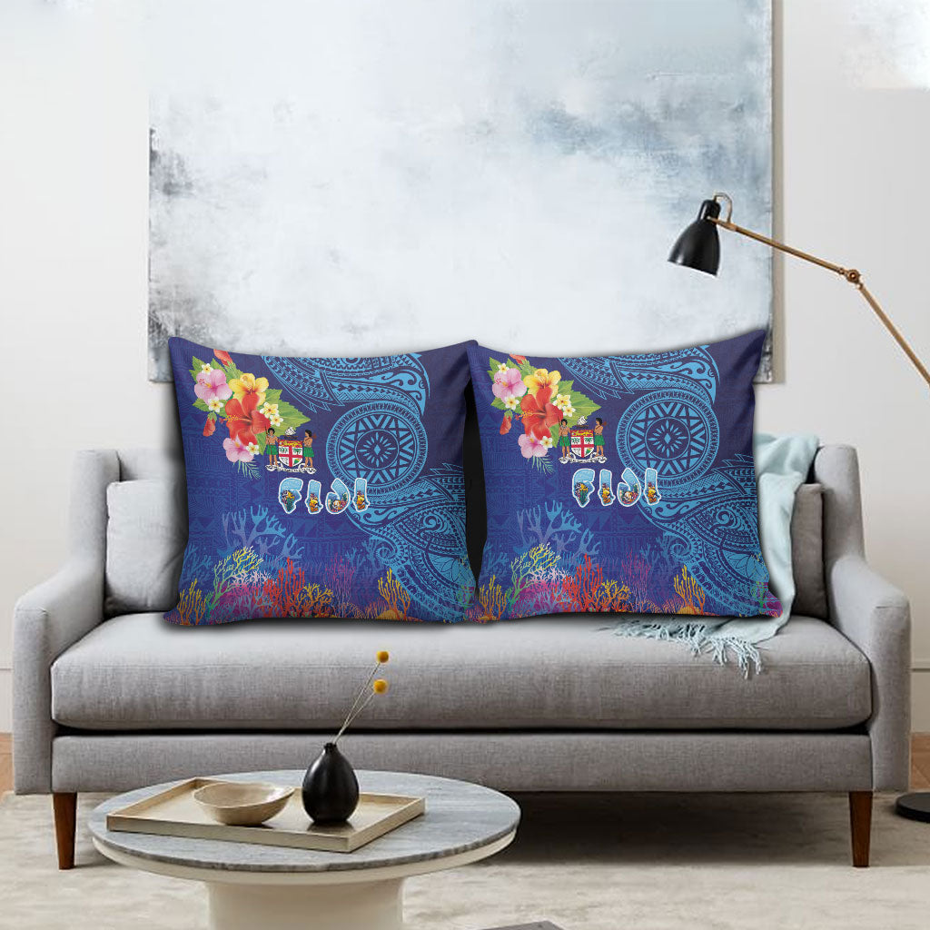 Fiji Day Pillow Cover Coral Reef with Tapa Motifs and Hibiscus Ocean Vibe