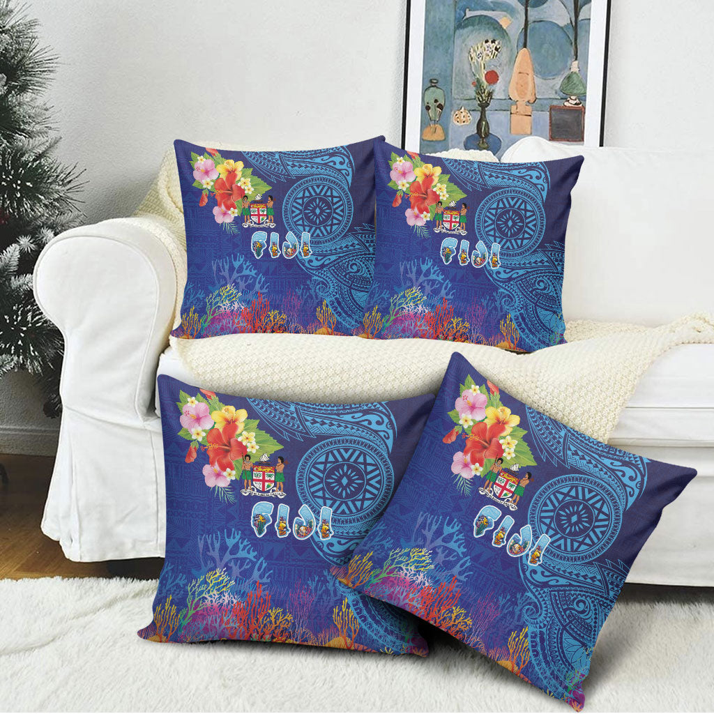 Fiji Day Pillow Cover Coral Reef with Tapa Motifs and Hibiscus Ocean Vibe