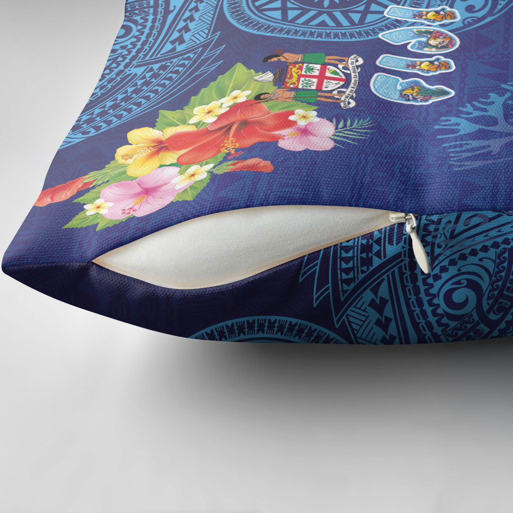 Fiji Day Pillow Cover Coral Reef with Tapa Motifs and Hibiscus Ocean Vibe