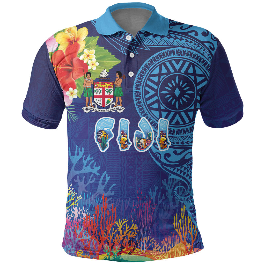 Fiji Day Polo Shirt Coral Reef with Tapa Motifs and Hibiscus Ocean Vibe