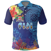 Fiji Day Polo Shirt Coral Reef with Tapa Motifs and Hibiscus Ocean Vibe