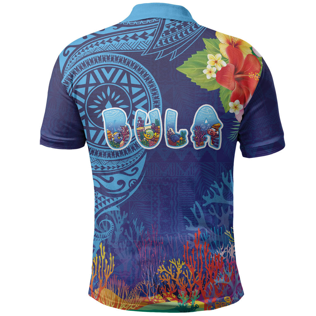 Fiji Day Polo Shirt Coral Reef with Tapa Motifs and Hibiscus Ocean Vibe