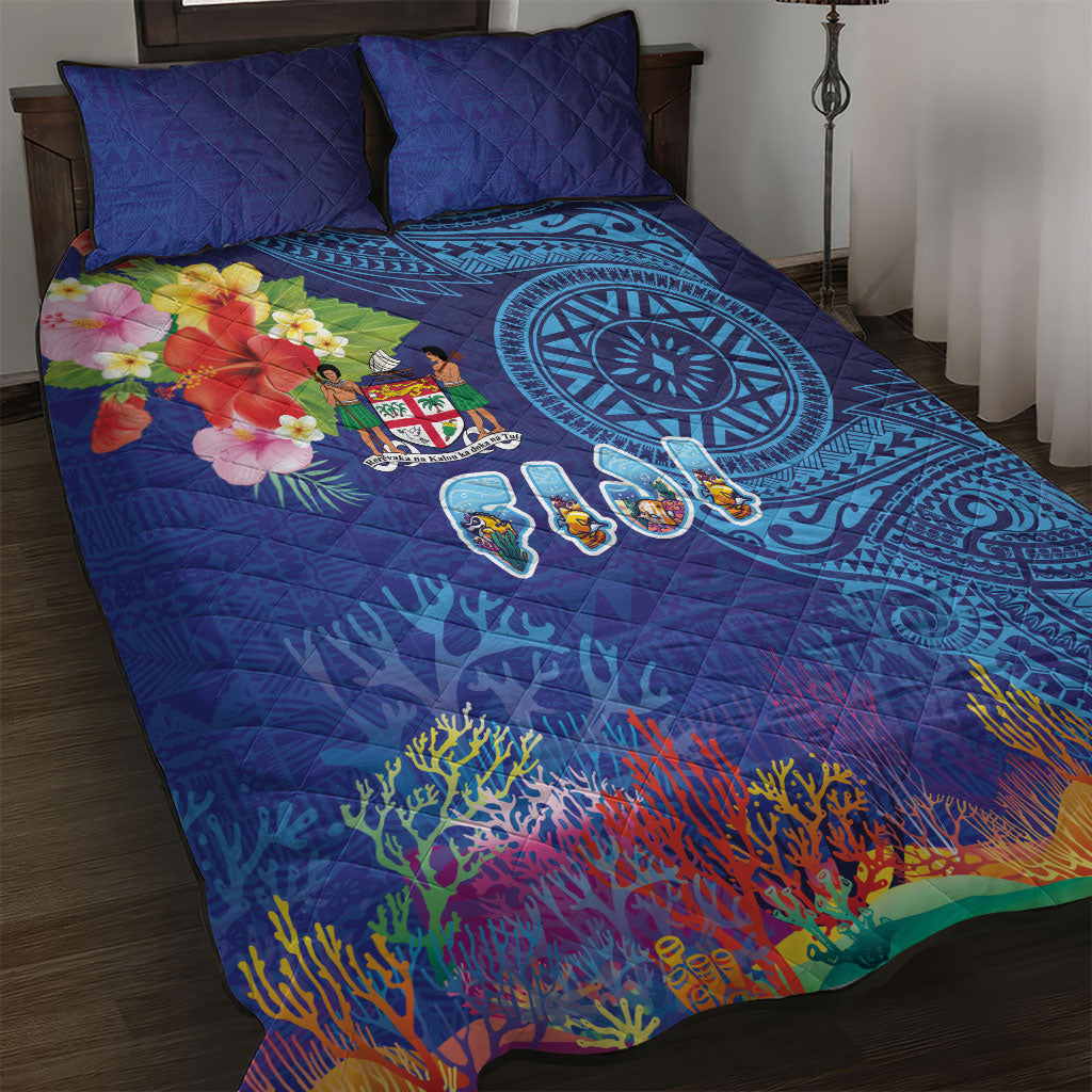Fiji Day Quilt Bed Set Coral Reef with Tapa Motifs and Hibiscus Ocean Vibe