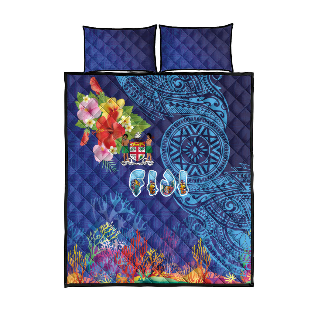 Fiji Day Quilt Bed Set Coral Reef with Tapa Motifs and Hibiscus Ocean Vibe