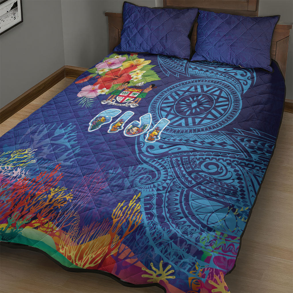 Fiji Day Quilt Bed Set Coral Reef with Tapa Motifs and Hibiscus Ocean Vibe