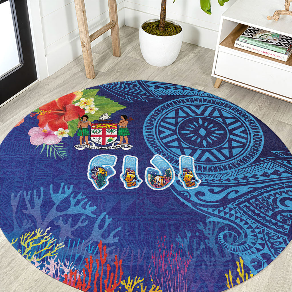 Fiji Day Round Carpet Coral Reef with Tapa Motifs and Hibiscus Ocean Vibe