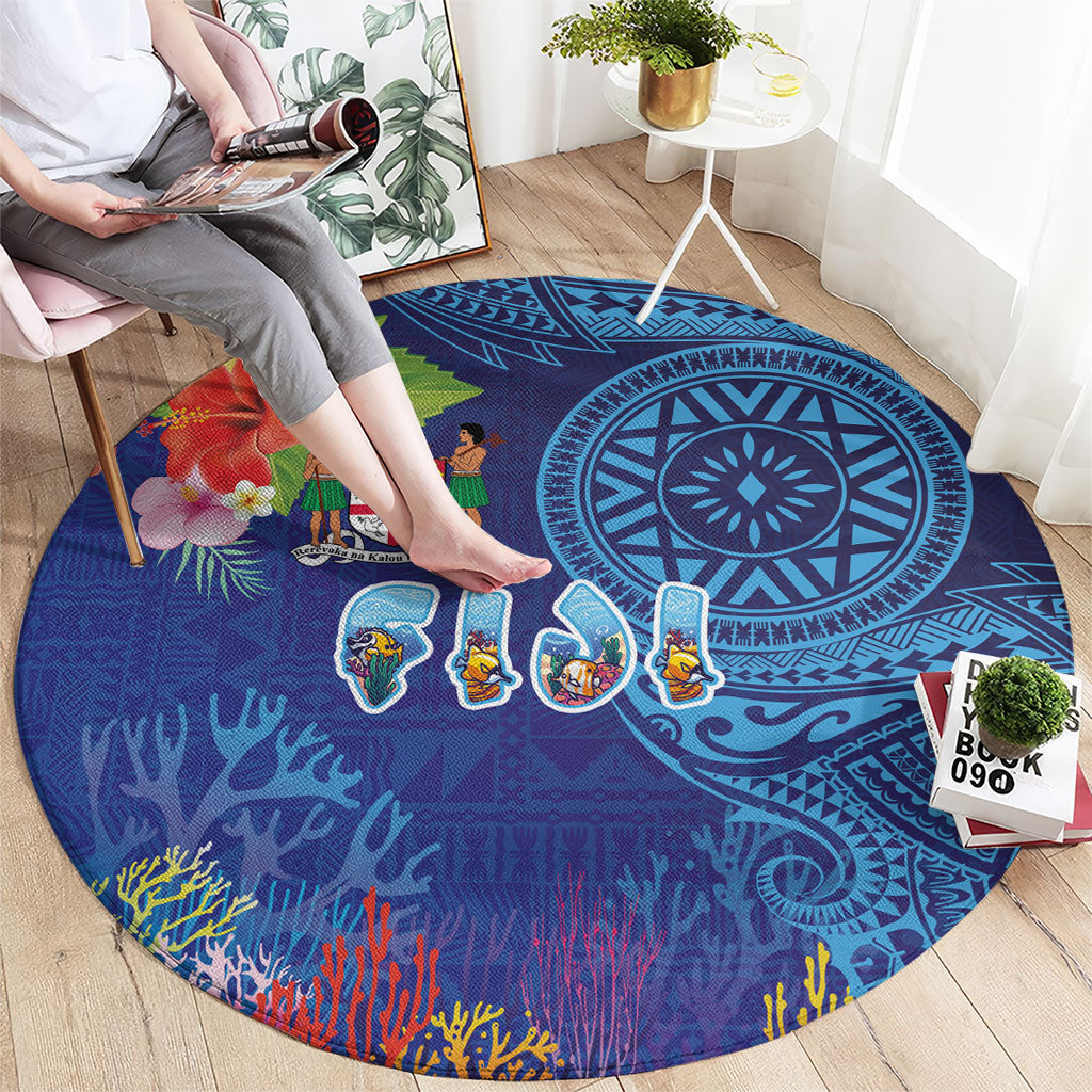 Fiji Day Round Carpet Coral Reef with Tapa Motifs and Hibiscus Ocean Vibe