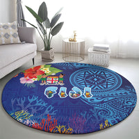 Fiji Day Round Carpet Coral Reef with Tapa Motifs and Hibiscus Ocean Vibe