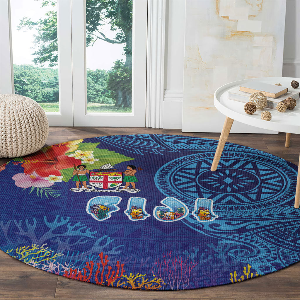 Fiji Day Round Carpet Coral Reef with Tapa Motifs and Hibiscus Ocean Vibe