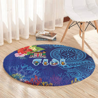 Fiji Day Round Carpet Coral Reef with Tapa Motifs and Hibiscus Ocean Vibe