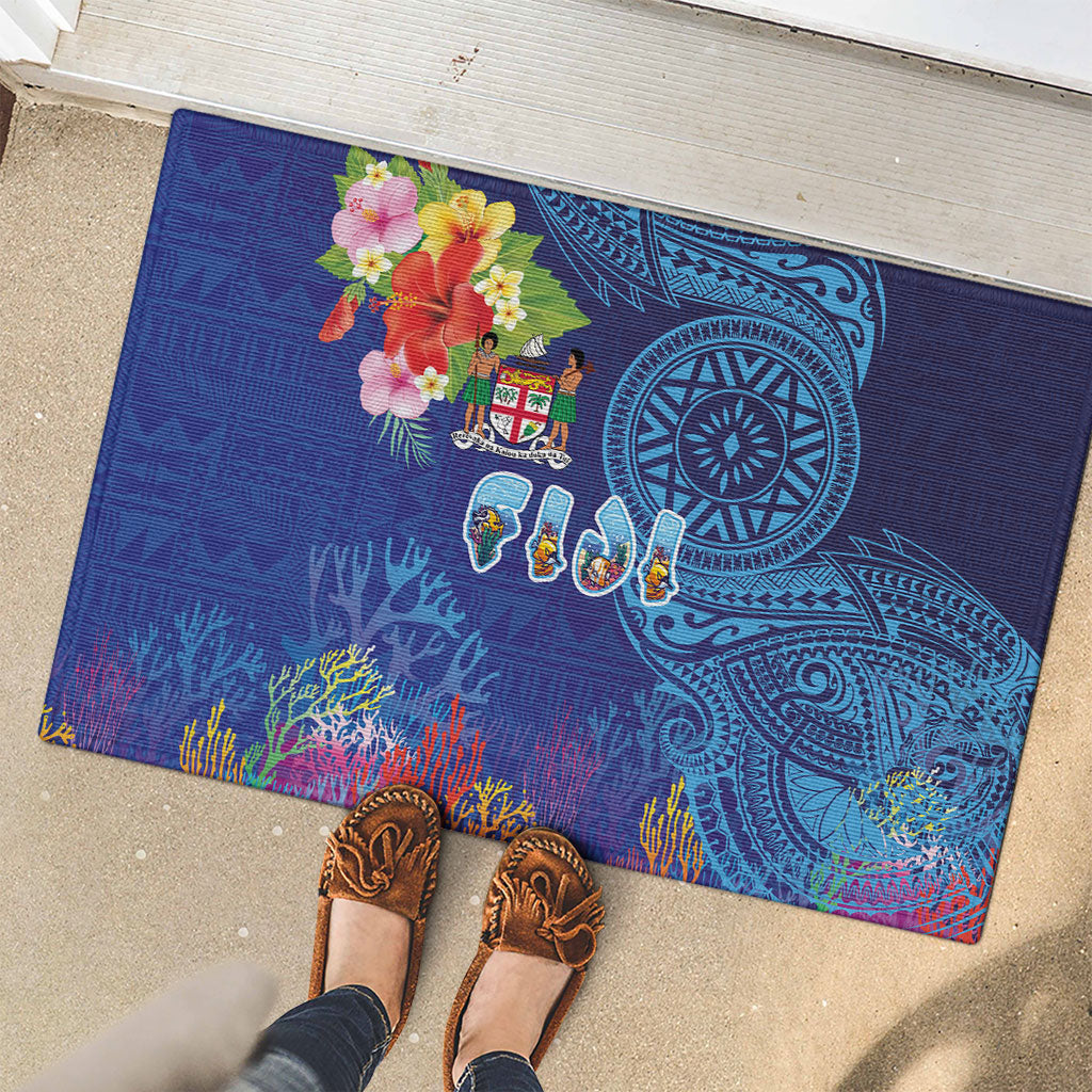 Fiji Day Rubber Doormat Coral Reef with Tapa Motifs and Hibiscus Ocean Vibe