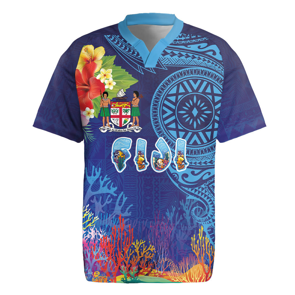 Fiji Day Rugby Jersey Coral Reef with Tapa Motifs and Hibiscus Ocean Vibe