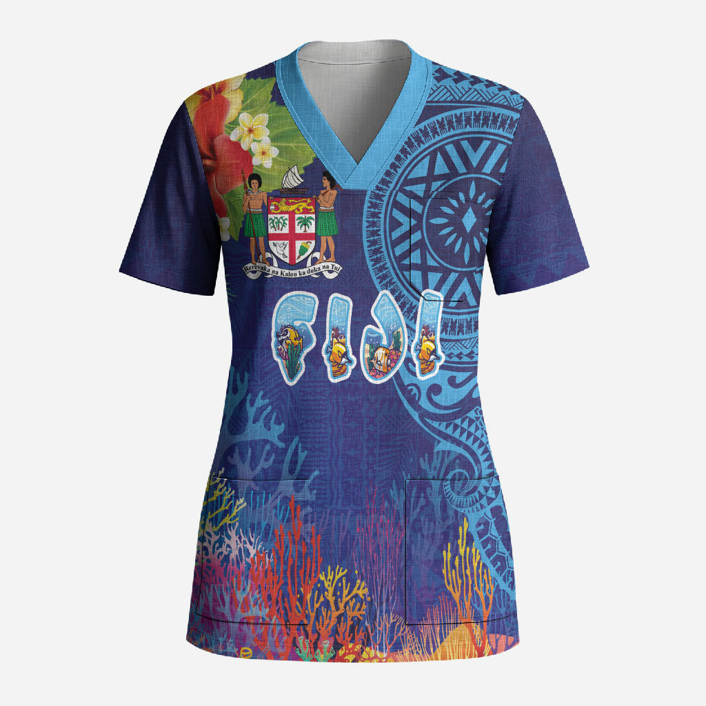 Fiji Day Scrub Top Coral Reef with Tapa Motifs and Hibiscus Ocean Vibe