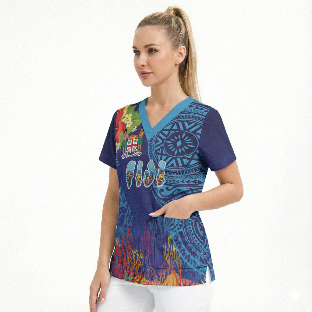 Fiji Day Scrub Top Coral Reef with Tapa Motifs and Hibiscus Ocean Vibe