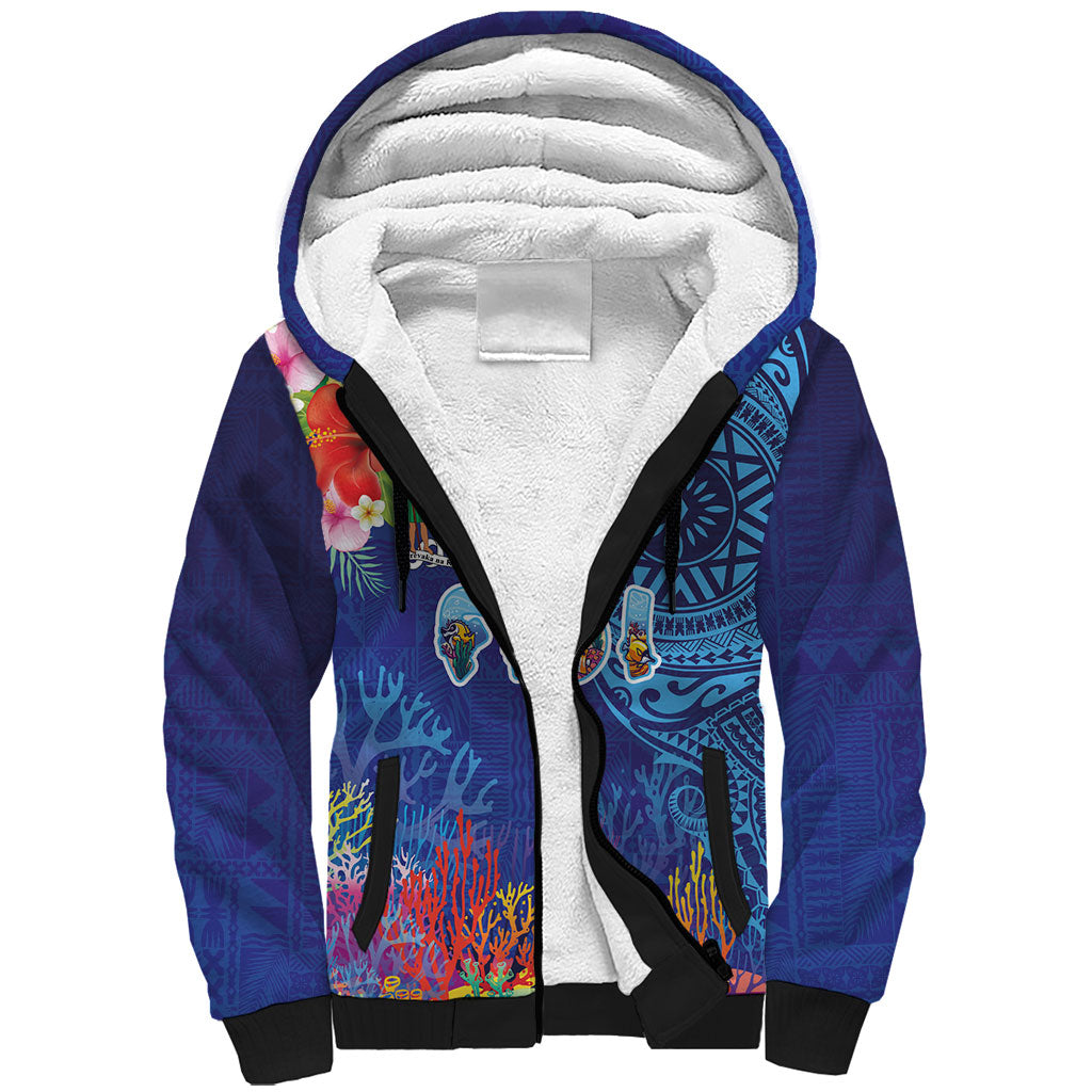 Fiji Day Sherpa Hoodie Coral Reef with Tapa Motifs and Hibiscus Ocean Vibe