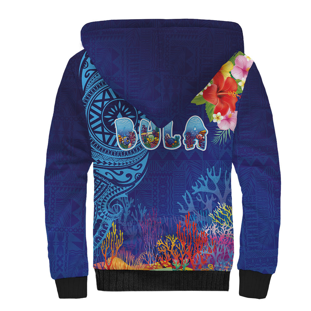 Fiji Day Sherpa Hoodie Coral Reef with Tapa Motifs and Hibiscus Ocean Vibe