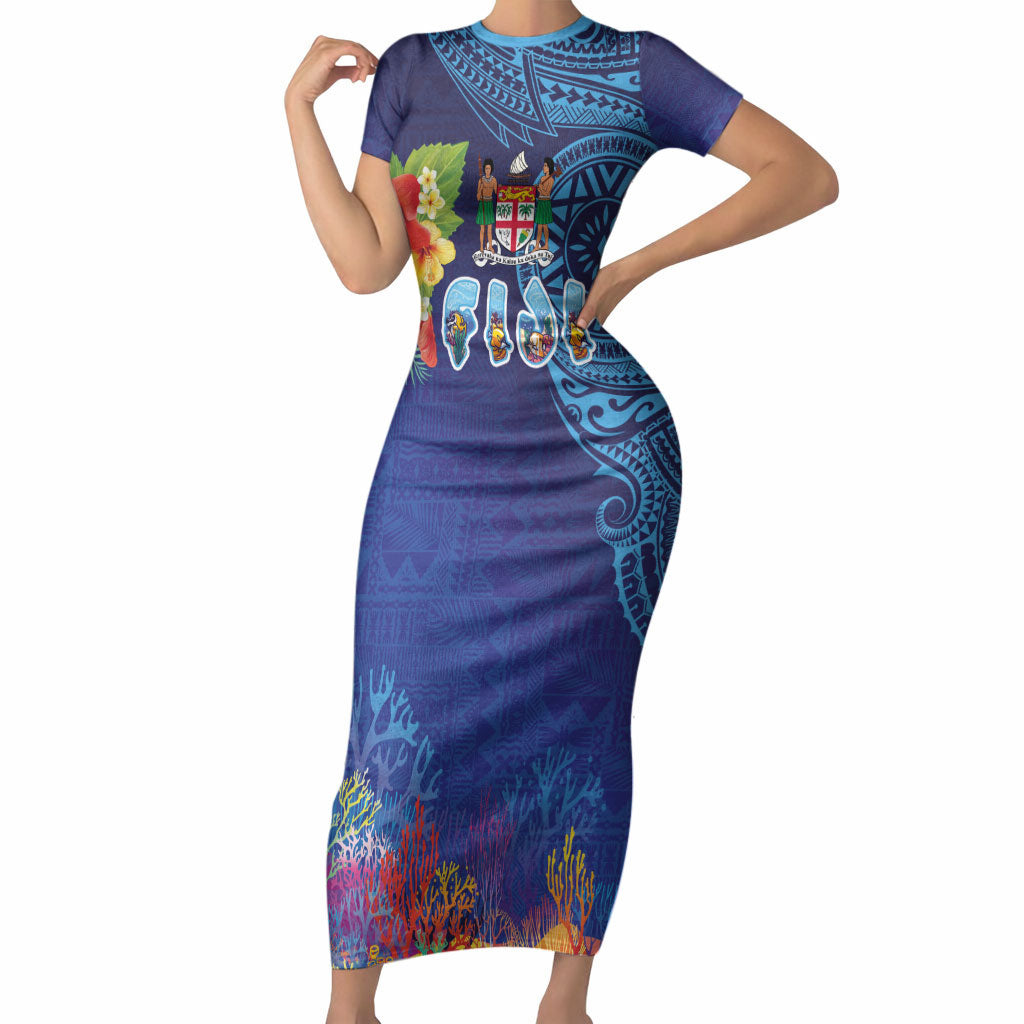Fiji Day Short Sleeve Bodycon Dress Coral Reef with Tapa Motifs and Hibiscus Ocean Vibe
