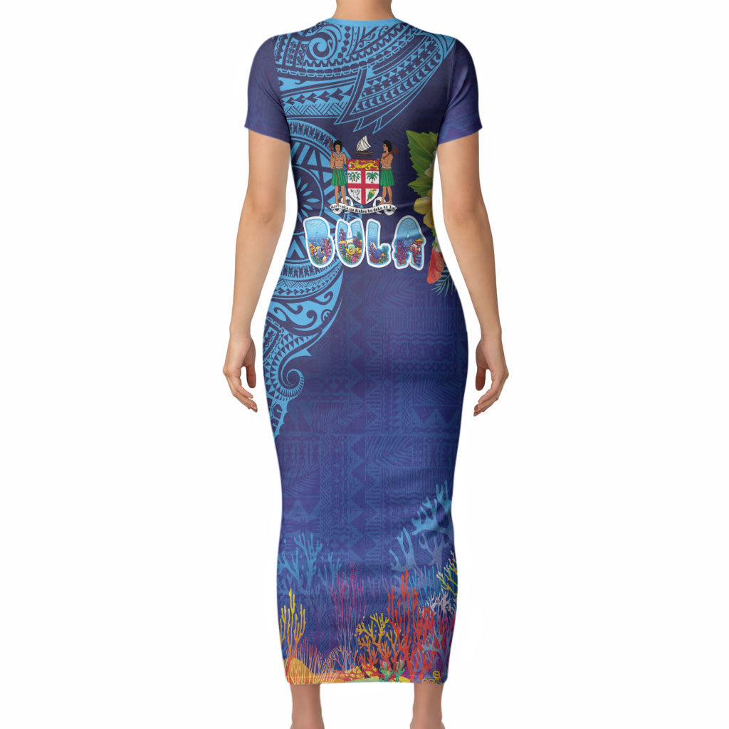Fiji Day Short Sleeve Bodycon Dress Coral Reef with Tapa Motifs and Hibiscus Ocean Vibe