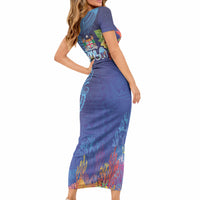 Fiji Day Short Sleeve Bodycon Dress Coral Reef with Tapa Motifs and Hibiscus Ocean Vibe