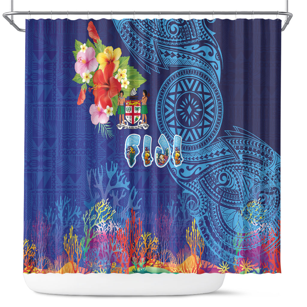 Fiji Day Shower Curtain Coral Reef with Tapa Motifs and Hibiscus Ocean Vibe