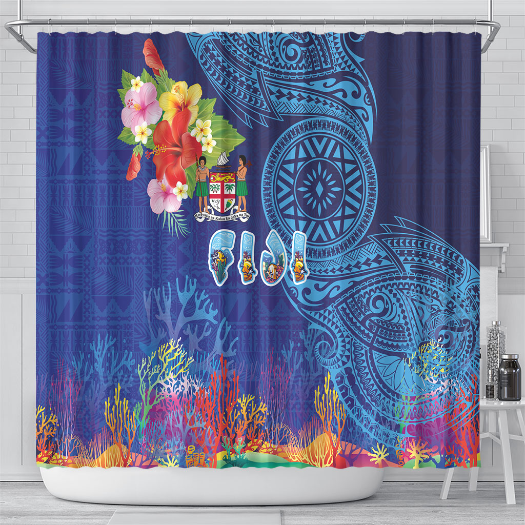 Fiji Day Shower Curtain Coral Reef with Tapa Motifs and Hibiscus Ocean Vibe