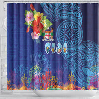 Fiji Day Shower Curtain Coral Reef with Tapa Motifs and Hibiscus Ocean Vibe