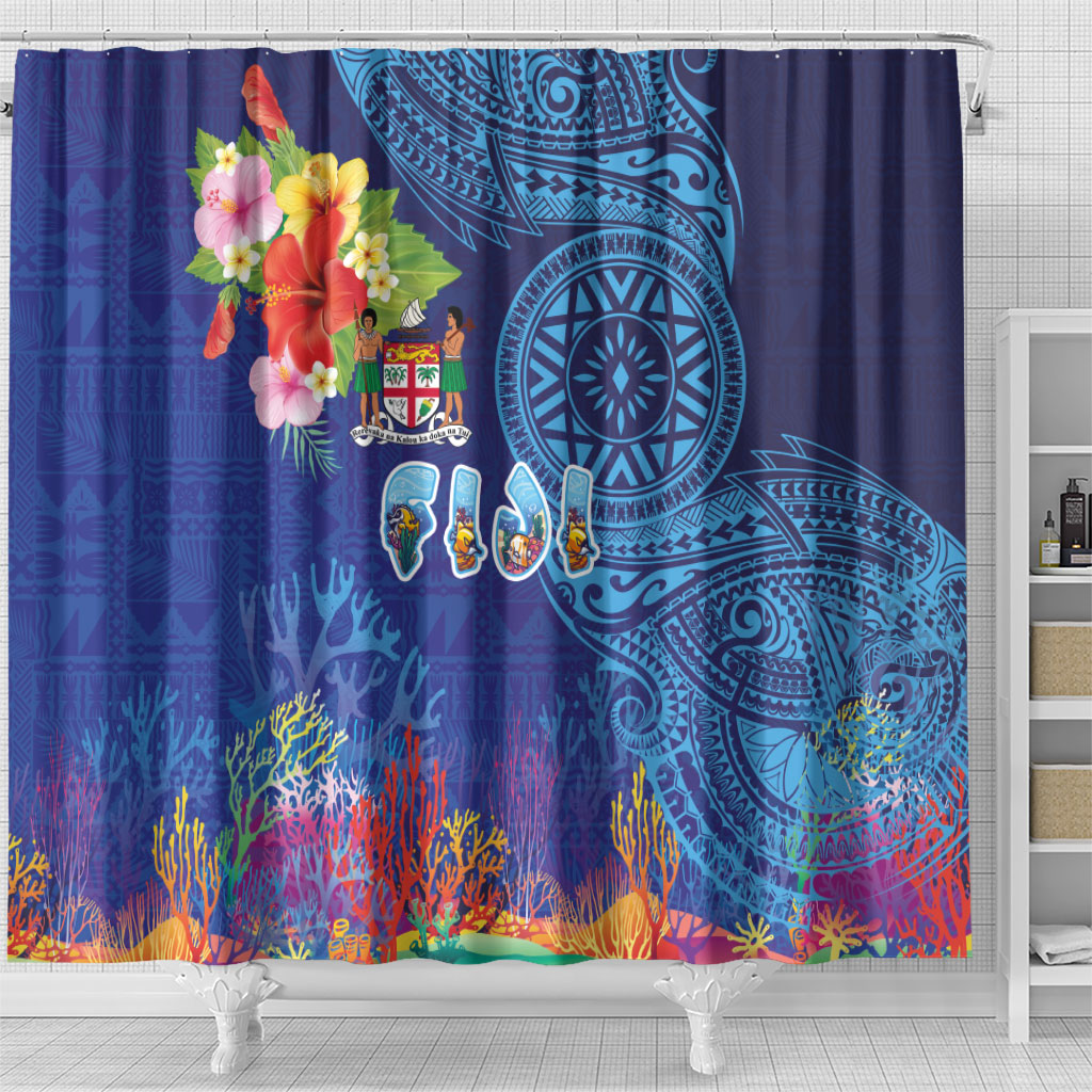 Fiji Day Shower Curtain Coral Reef with Tapa Motifs and Hibiscus Ocean Vibe