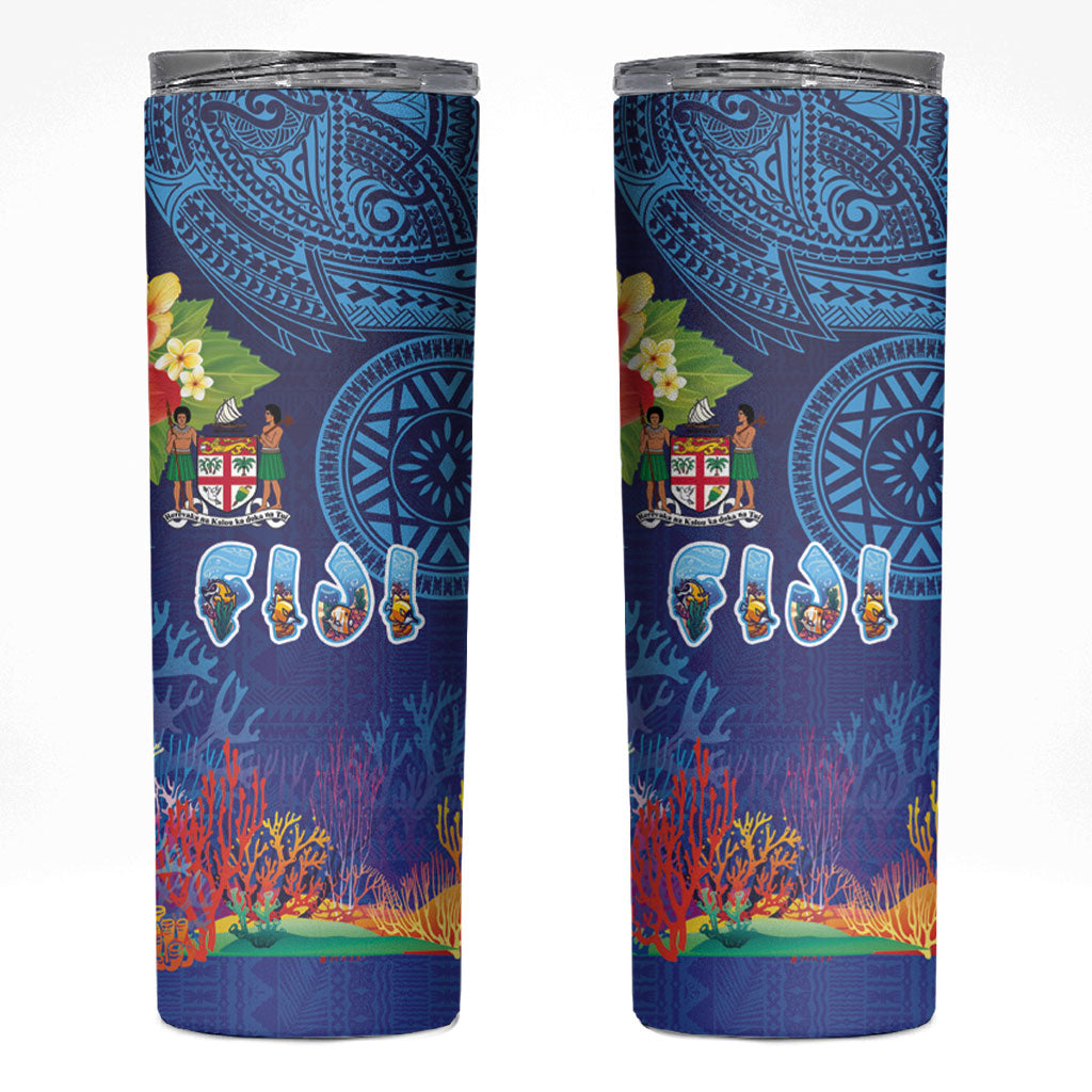 Fiji Day Skinny Tumbler Coral Reef with Tapa Motifs and Hibiscus Ocean Vibe