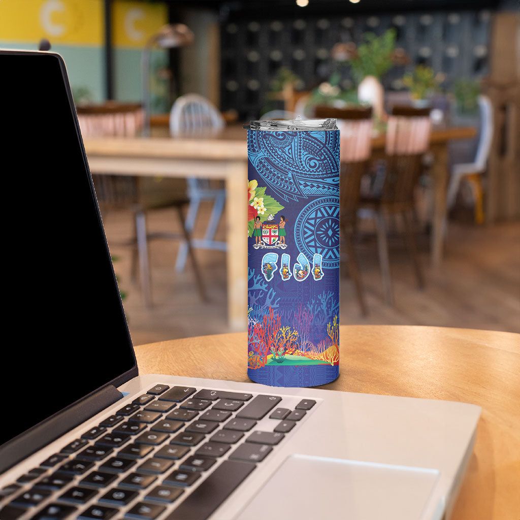 Fiji Day Skinny Tumbler Coral Reef with Tapa Motifs and Hibiscus Ocean Vibe