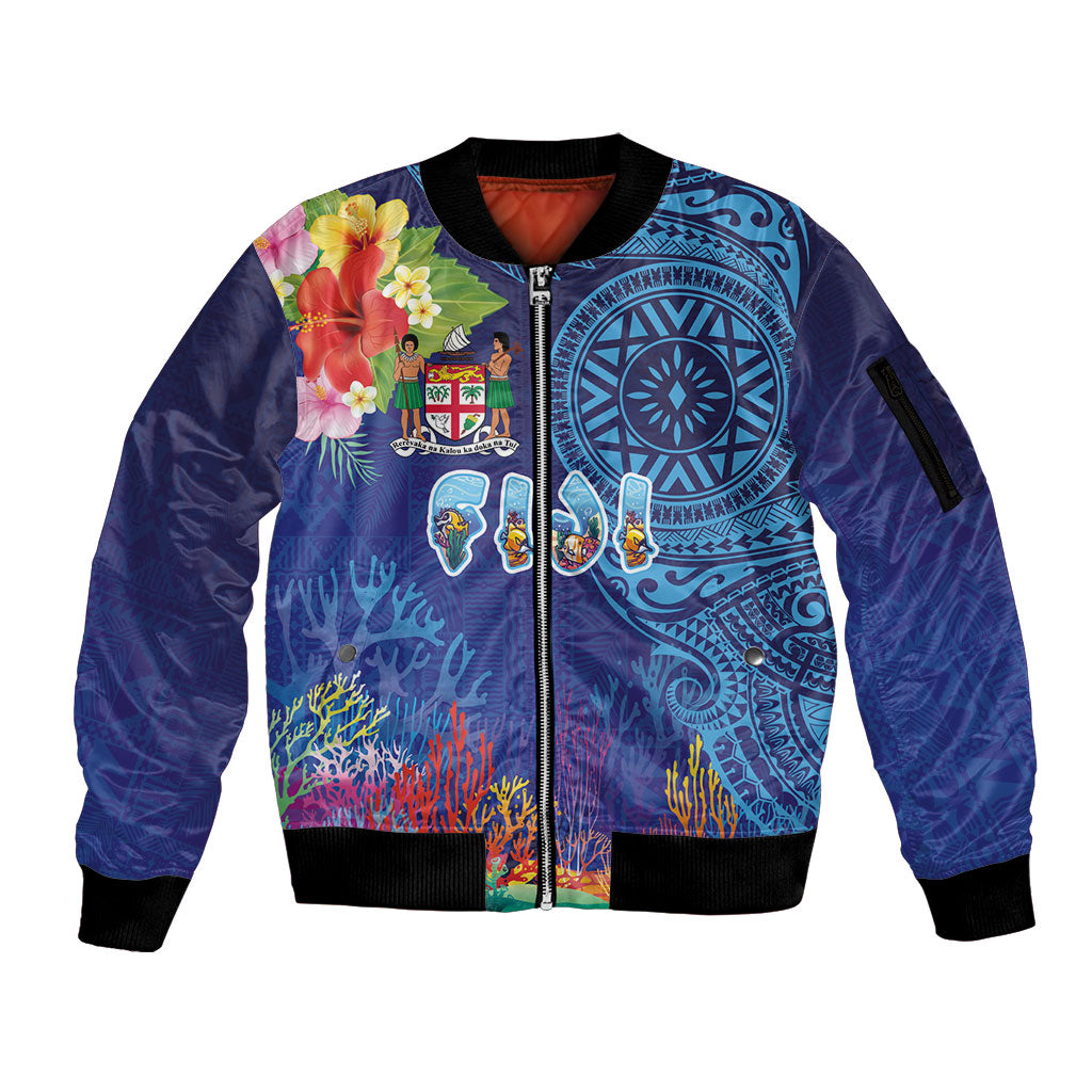 Fiji Day Sleeve Zip Bomber Jacket Coral Reef with Tapa Motifs and Hibiscus Ocean Vibe