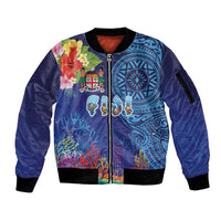 Fiji Day Sleeve Zip Bomber Jacket Coral Reef with Tapa Motifs and Hibiscus Ocean Vibe