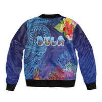 Fiji Day Sleeve Zip Bomber Jacket Coral Reef with Tapa Motifs and Hibiscus Ocean Vibe