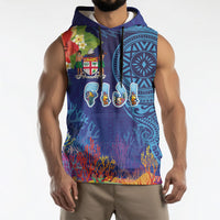 Fiji Day Sleeveless Hoodie Coral Reef with Tapa Motifs and Hibiscus Ocean Vibe