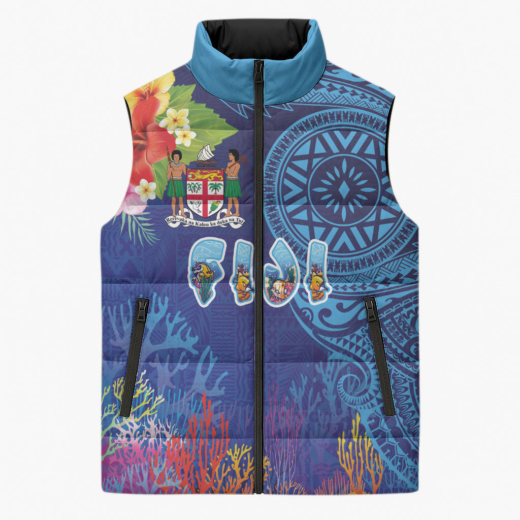 Fiji Day Sleeveless Puffer Jacket Coral Reef with Tapa Motifs and Hibiscus Ocean Vibe