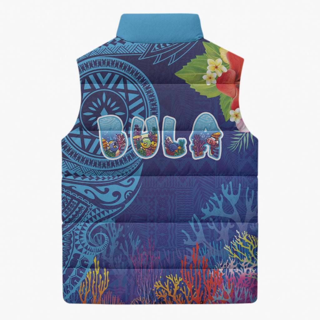 Fiji Day Sleeveless Puffer Jacket Coral Reef with Tapa Motifs and Hibiscus Ocean Vibe