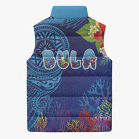 Fiji Day Sleeveless Puffer Jacket Coral Reef with Tapa Motifs and Hibiscus Ocean Vibe