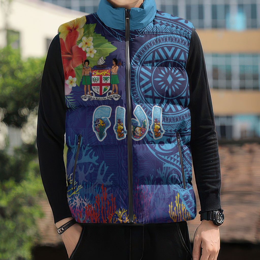 Fiji Day Sleeveless Puffer Jacket Coral Reef with Tapa Motifs and Hibiscus Ocean Vibe