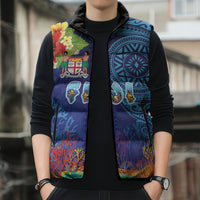 Fiji Day Sleeveless Puffer Jacket Coral Reef with Tapa Motifs and Hibiscus Ocean Vibe