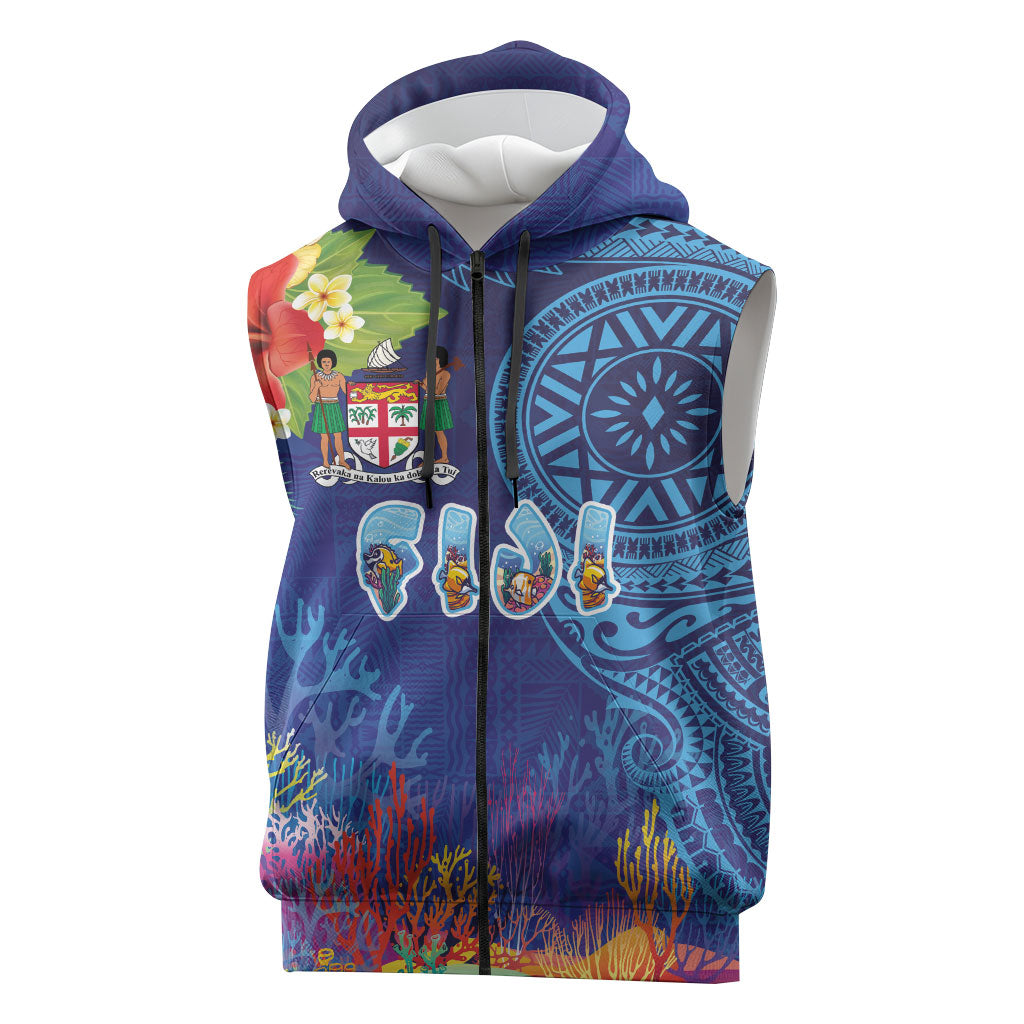 Fiji Day Sleeveless Zip Hoodie Coral Reef with Tapa Motifs and Hibiscus Ocean Vibe