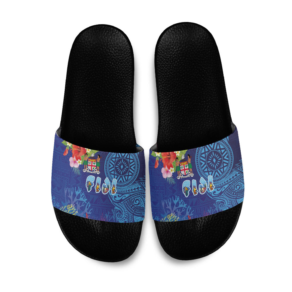 Fiji Day Slide Sandals Coral Reef with Tapa Motifs and Hibiscus Ocean Vibe