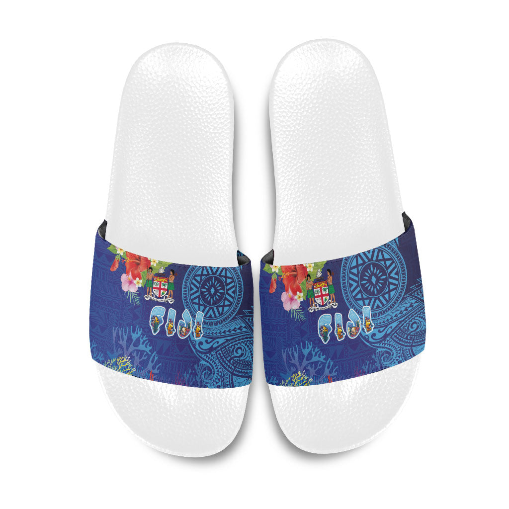 Fiji Day Slide Sandals Coral Reef with Tapa Motifs and Hibiscus Ocean Vibe