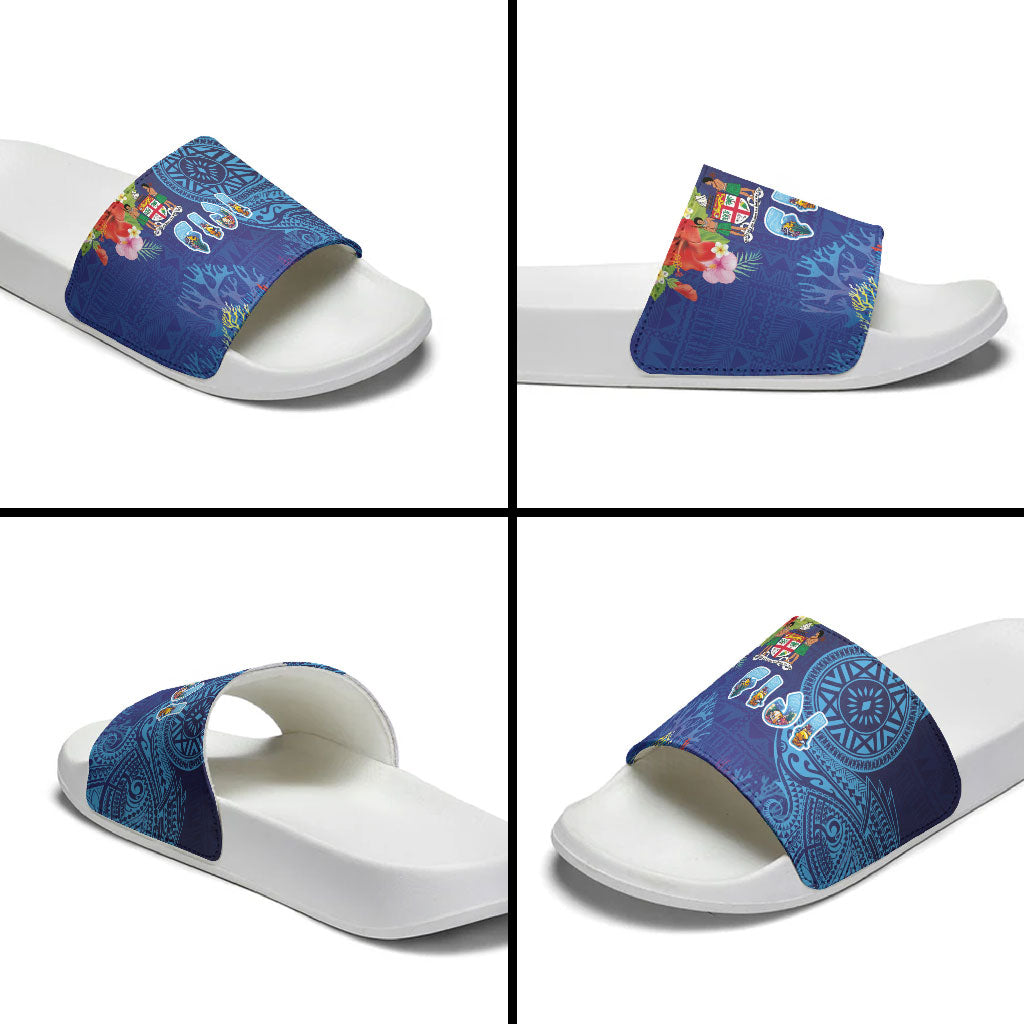 Fiji Day Slide Sandals Coral Reef with Tapa Motifs and Hibiscus Ocean Vibe