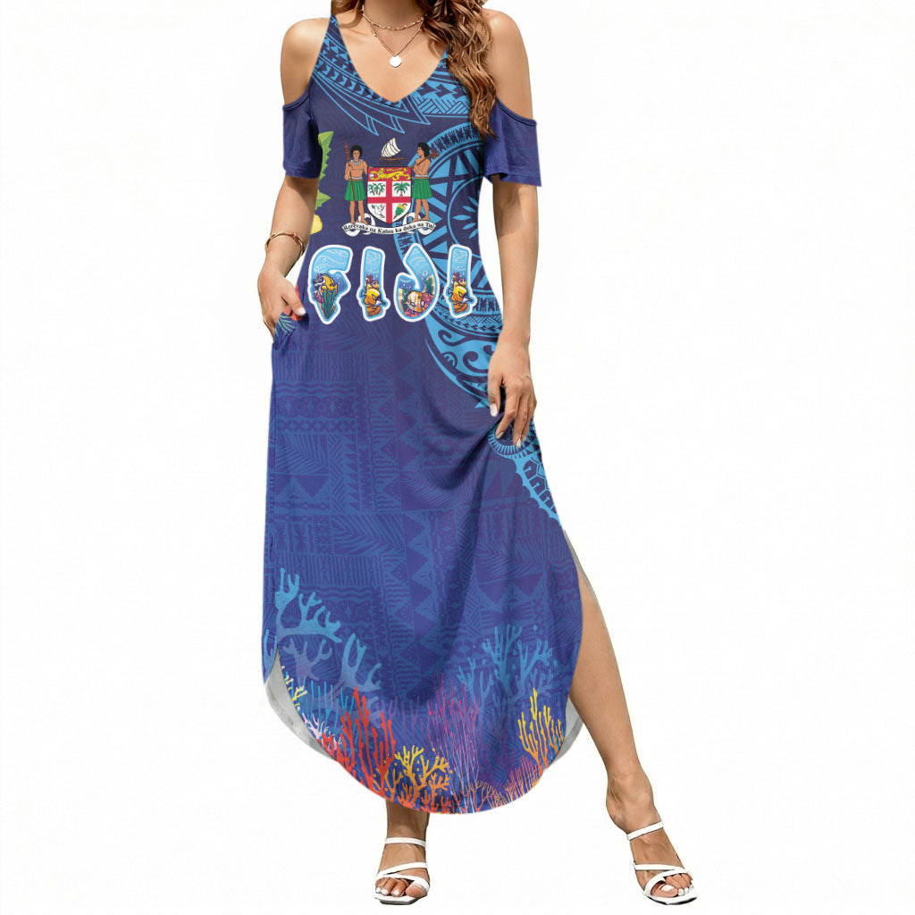 Fiji Day Summer Maxi Dress Coral Reef with Tapa Motifs and Hibiscus Ocean Vibe