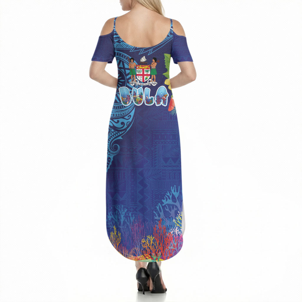 Fiji Day Summer Maxi Dress Coral Reef with Tapa Motifs and Hibiscus Ocean Vibe