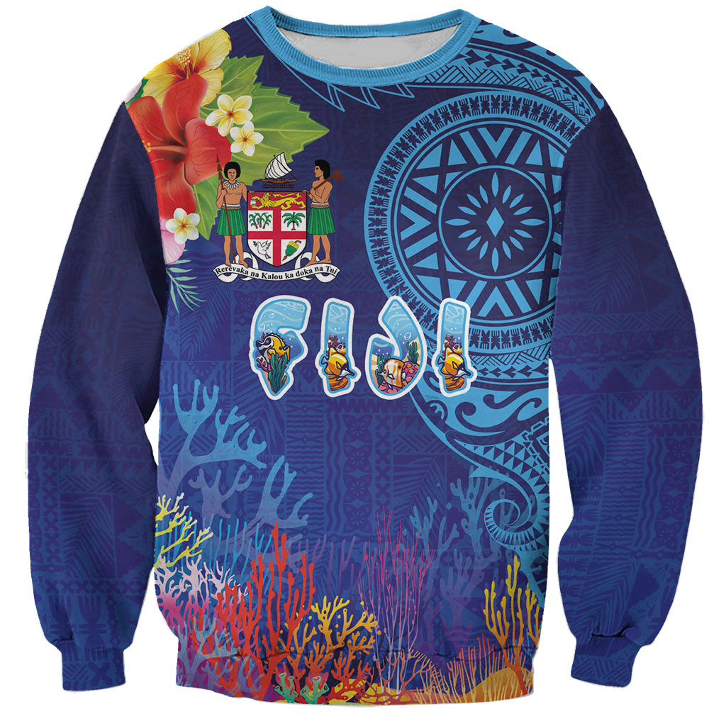 Fiji Day Sweatshirt Coral Reef with Tapa Motifs and Hibiscus Ocean Vibe