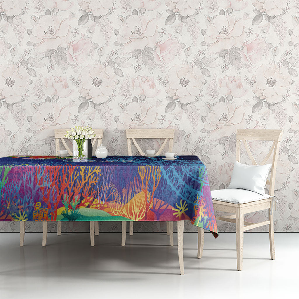 Fiji Day Tablecloth Coral Reef with Tapa Motifs and Hibiscus Ocean Vibe