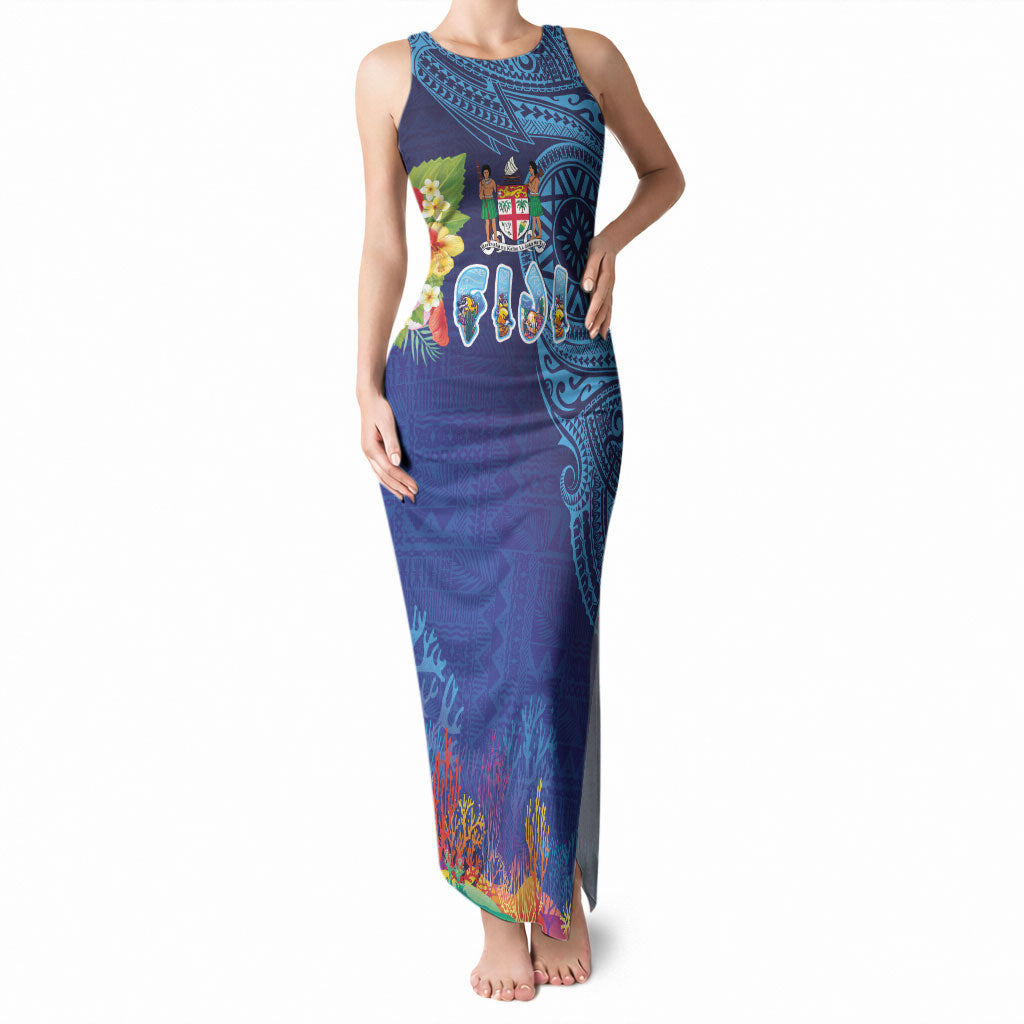 Fiji Day Tank Maxi Dress Coral Reef with Tapa Motifs and Hibiscus Ocean Vibe