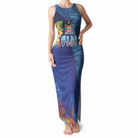 Fiji Day Tank Maxi Dress Coral Reef with Tapa Motifs and Hibiscus Ocean Vibe