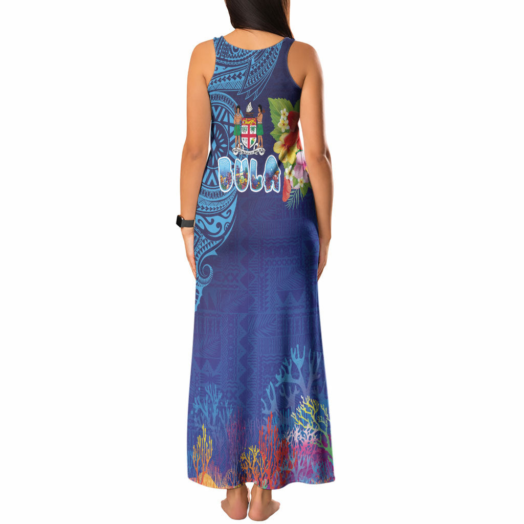 Fiji Day Tank Maxi Dress Coral Reef with Tapa Motifs and Hibiscus Ocean Vibe